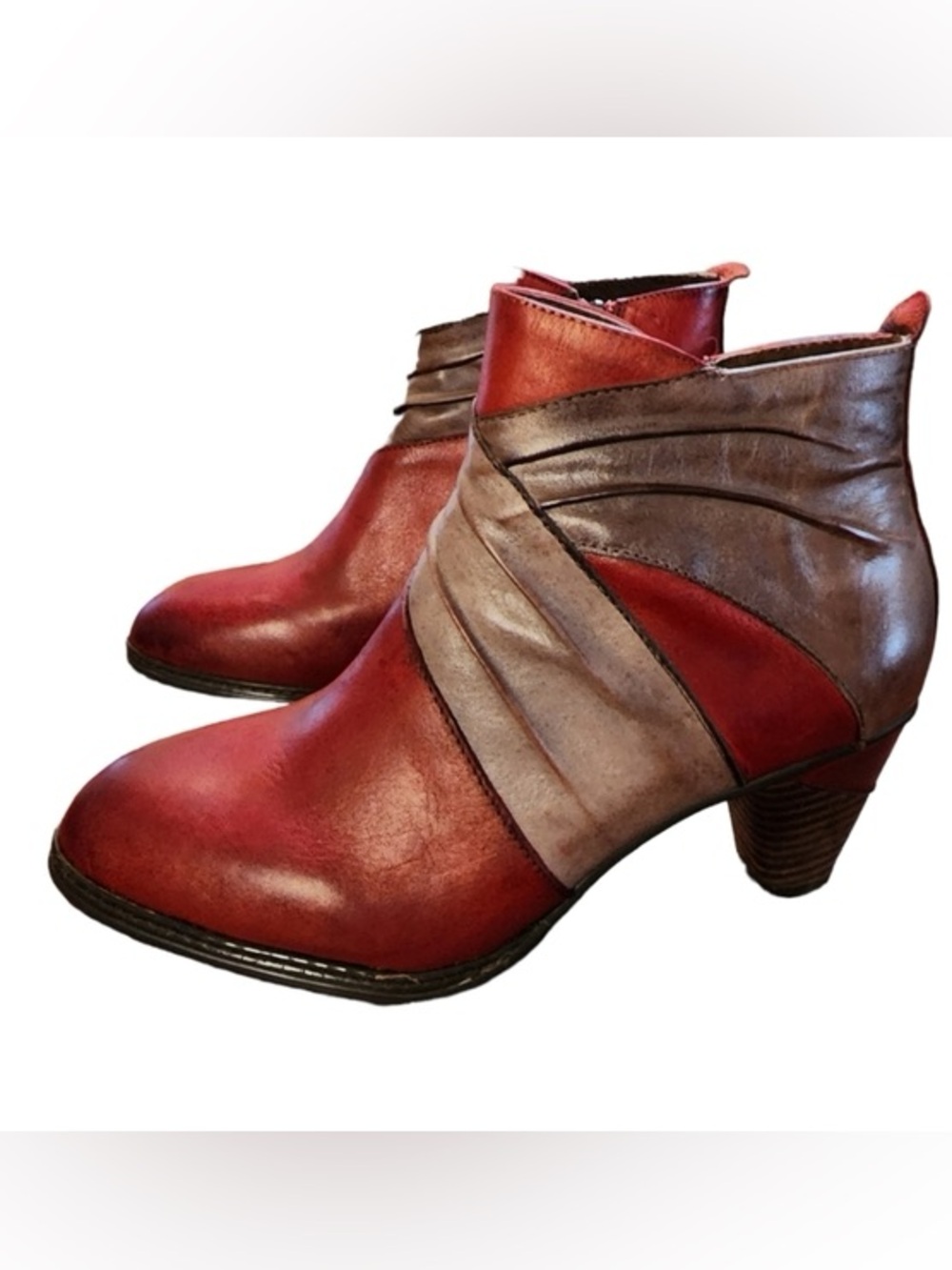 L’Artiste by Spring Step Leather Colorblock Ankle Booties EU 38 US 7.5 Red Boho